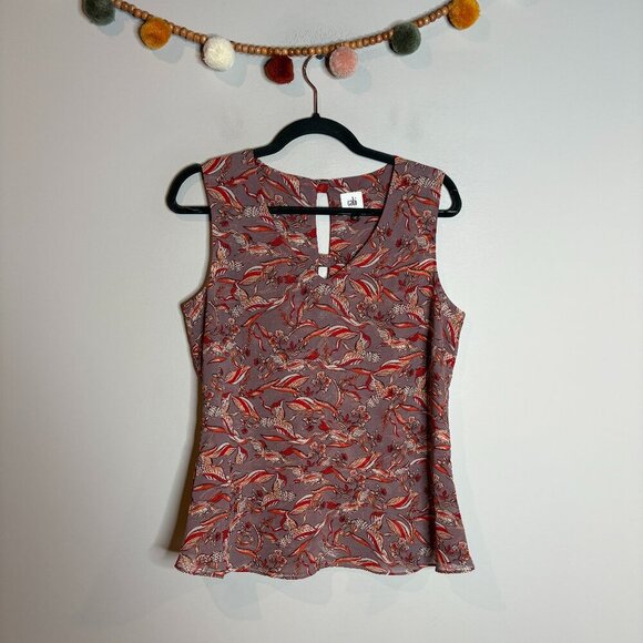 CAbi 3611 Good Luck Red Crane Print Peplum Tank top - Picture 1 of 5